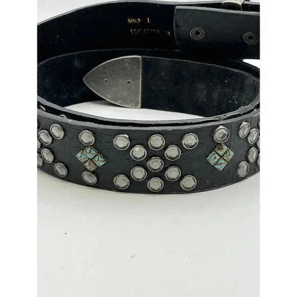 Rhinestone Studded Leather Belt Wm's Large Western Rockabilly Turq. Stones READ - Picture 5 of 11